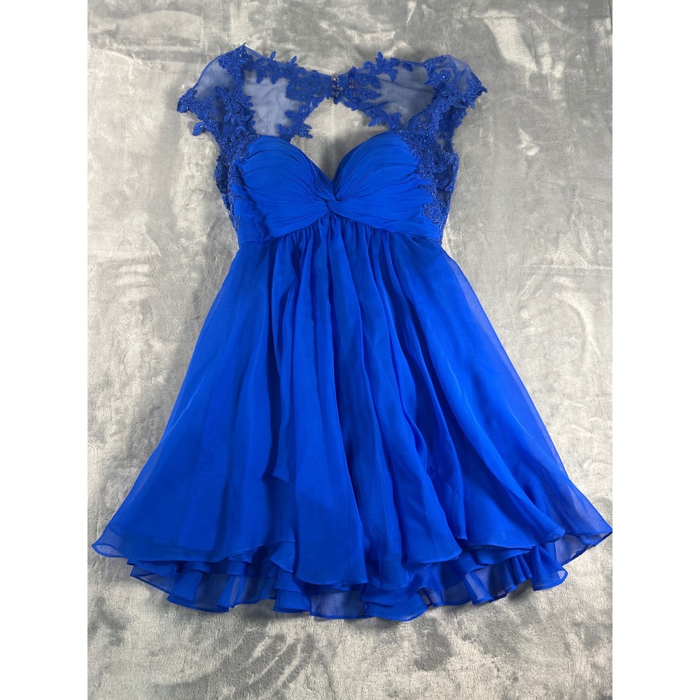 La Femme Royal Blue Lace Chiffon Cocktail Dress Size 8 Open Back Homecoming Prom